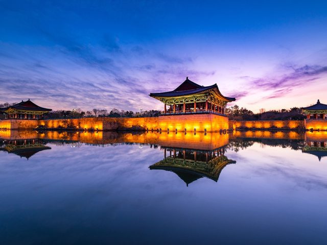 Beautiful Sunset view at Donggung Palace and Wolji Pond in Gyeongju South Korea.