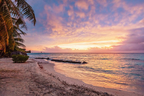 Colorful vibrant sunset over the pacific ocean at scenic natural beach Viti Levu, Fiji. Korotogo Coast, South Coast, Western Division, Fiji, Oceania